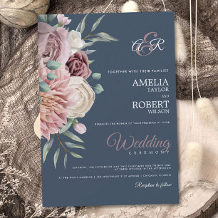 Elegant Royal blue Dusty Rose Floral Invitation