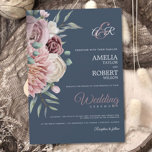 Elegant Royal blue Dusty Rose Floral Invitation (Creator Uploaded)