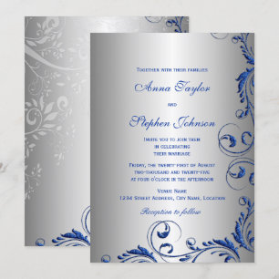 Elegant Royal Blue Faux Glitter Floral Swirls Invitation