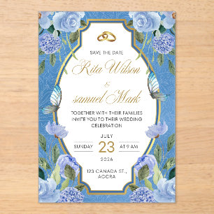 Elegant Royal Blue Floral and Gold Acrylic Invitations