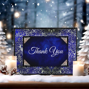 Elegant royal blue floral faux silver  thank you card