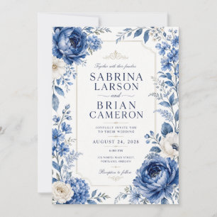 Elegant Royal Blue Floral Garden QR Code RSVP Wedd Invitation