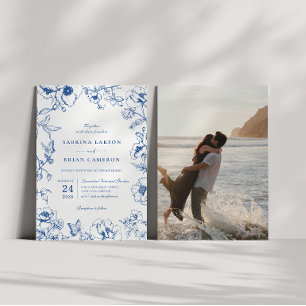Elegant Royal Blue Floral Garden Wedding Photo Invitation