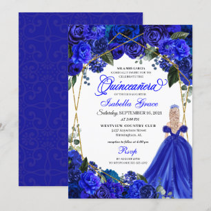 Elegant Royal Blue Floral Quinceanera Birthday Invitation