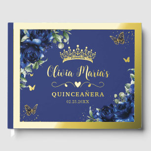 Elegant Royal Blue Floral Quinceanera Sweet 16 Guest Book