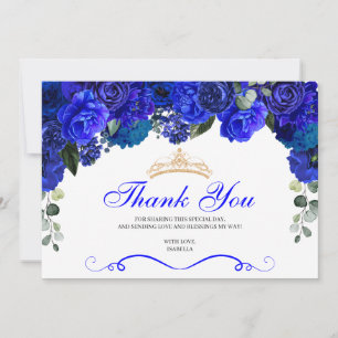 Elegant Royal Blue Floral Quinceanera Thank You Card