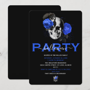 Elegant Royal Blue Floral Skull Halloween Party Invitation