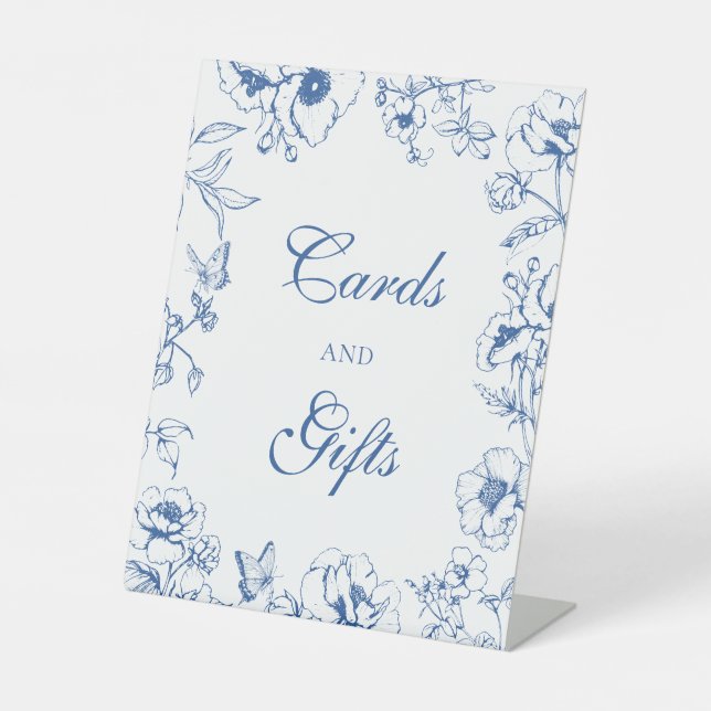 Elegant Royal Blue Floral Wedding Cards Gifts  Pedestal Sign (Front)