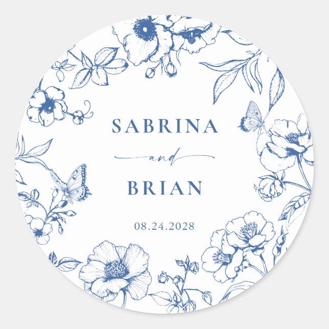 Elegant Royal Blue Floral Wedding  Classic Round Sticker (Front)