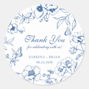 Elegant Royal Blue Floral Wedding Thank You Classic Round Sticker