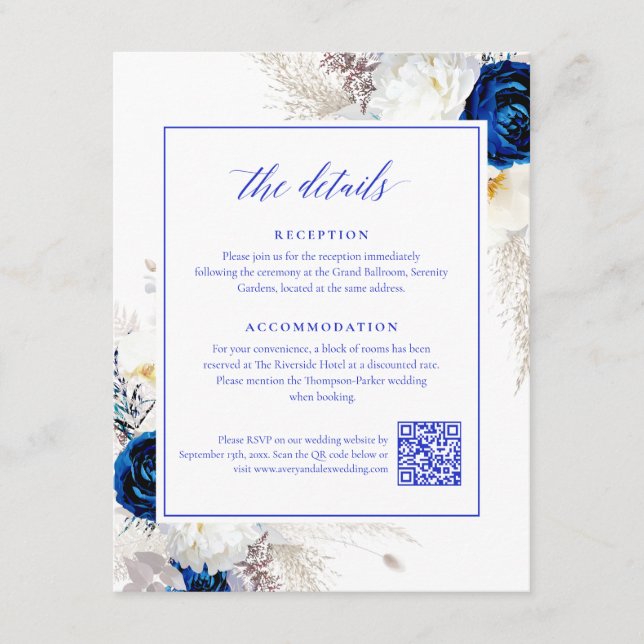 Elegant Royal Blue Flowers Details RSVP QR Code Enclosure Card (Front)