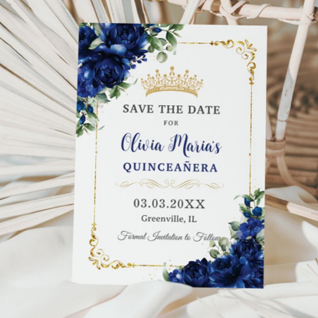 Elegant Royal Blue Flowers Gold Quinceañera 16th Save The Date (Creator Uploaded)