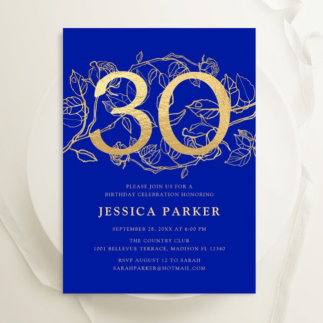 Elegant Royal Blue Gold 30th Birthday Invitation (Creator Uploaded)