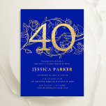 Elegant Royal Blue Gold 40th Birthday Invitation<br><div class="desc">Elegant royal blue gold 40th birthday party invitation. Customisable modern feminine design featuring roses botanical accents and faux glitter gold. Simple floral invite card perfect for a stylish female bday celebration. Personalise with your own details. Printed Zazzle invitations or instant download digital printable template.</div>