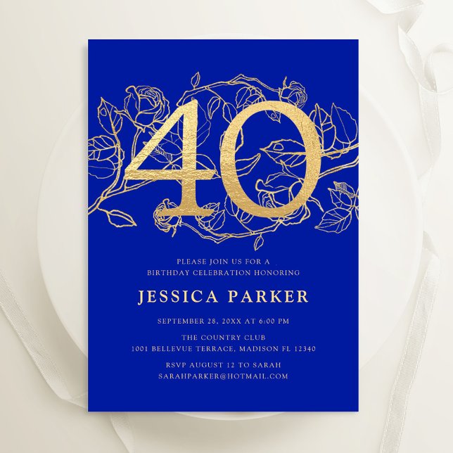Elegant Royal Blue Gold 40th Birthday Invitation (Creator Uploaded)