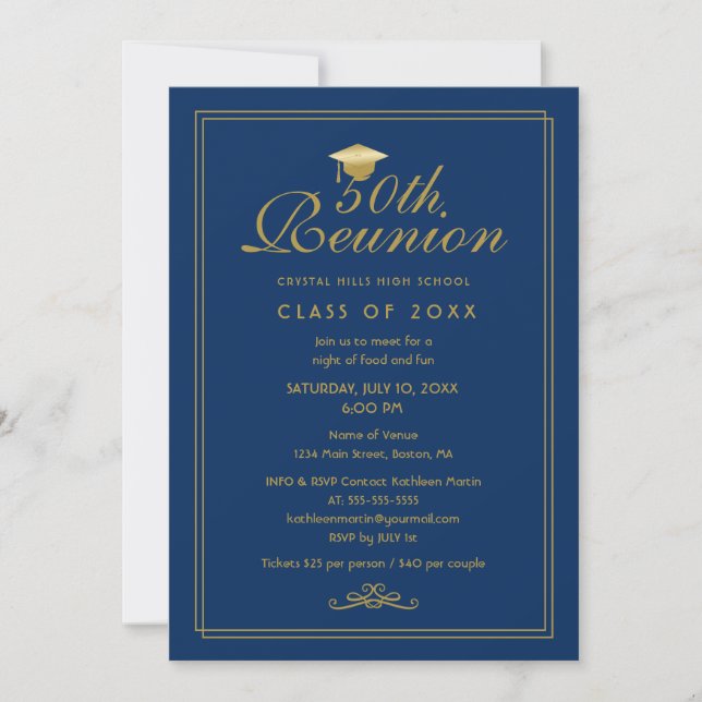 Elegant  Royal Blue Gold 50th Class Reunion Invitation (Front)