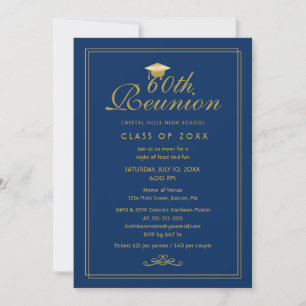 Elegant  Royal Blue Gold 60th Class Reunion Invitation