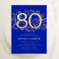 Elegant Royal Blue Gold 80th Birthday