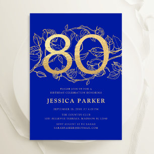 Elegant Royal Blue Gold 80th Birthday Invitation