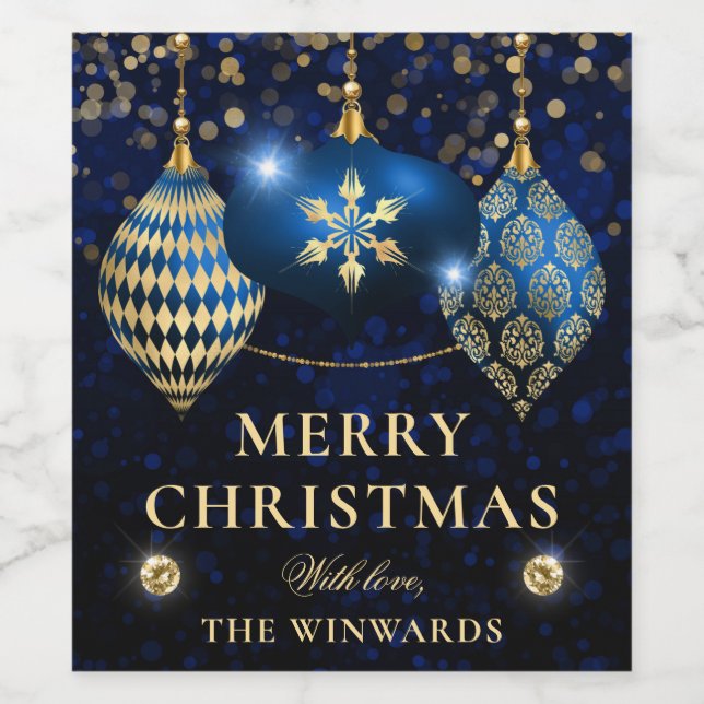 Elegant Royal Blue & Gold Baubles Merry Christmas Wine Label (Single Label)