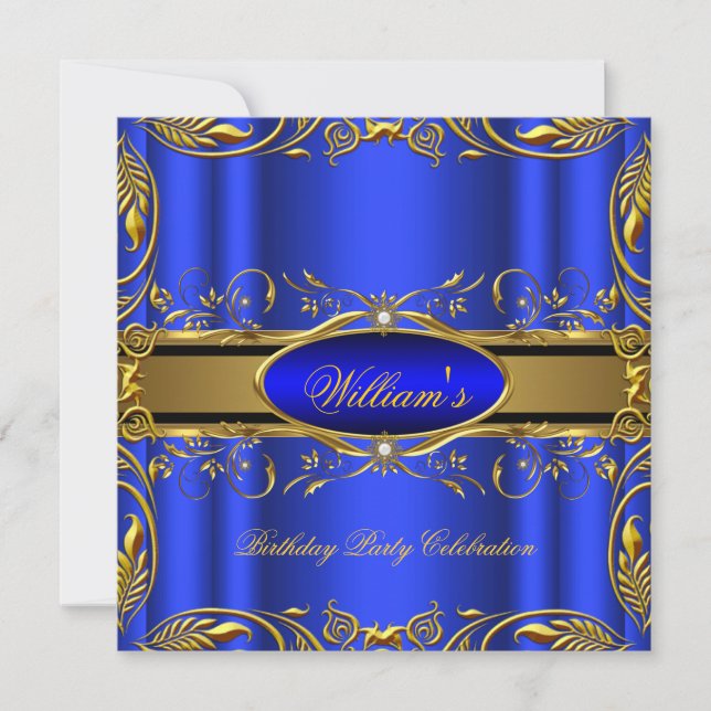 Elegant Royal Blue Gold Birthday Party Floral 3 Invitation (Front)