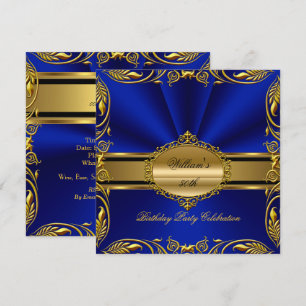 Elegant Royal Blue Gold Birthday Party Floral Invitation