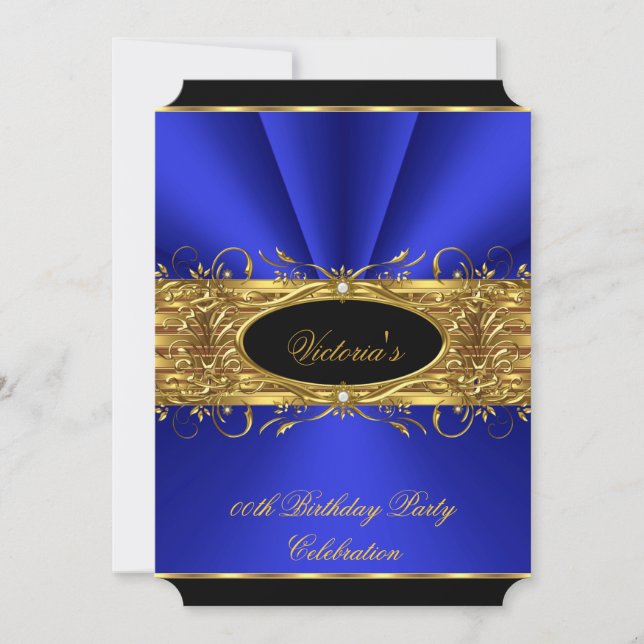 Elegant Royal Blue Gold Black Birthday Party 2 Invitation (Front)