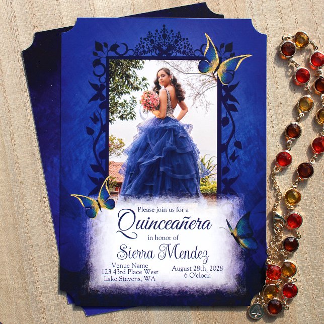 Elegant Royal Blue & Gold Butterflies Quinceanera Invitation (Unique blue and gold quinceanera invitations, script writing, english wording, fancy gold butterlies)