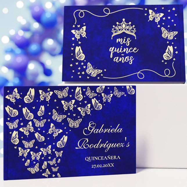 Elegant Royal Blue Gold Butterfly 15th Quinceañera Guest Book (Elegant Royal Blue Gold Butterfly 15th Quinceañera Foil Guest Book)