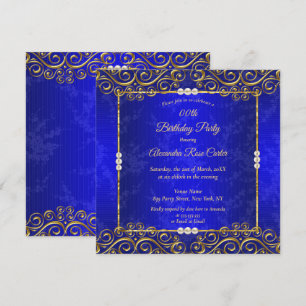 Elegant Royal Blue Gold Cream Pearl Birthday Party Invitation