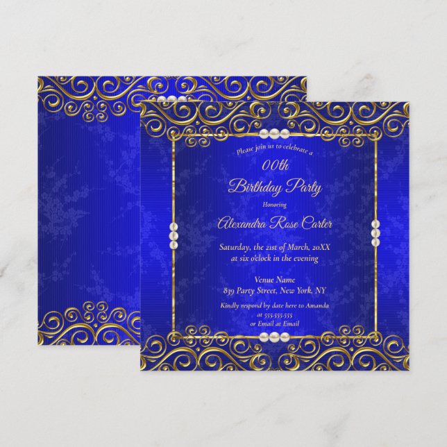 Elegant Royal Blue Gold Cream Pearl Birthday Party Invitation (Front/Back)