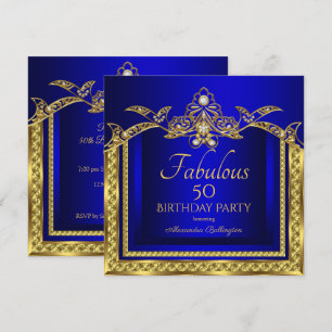 Elegant Royal Blue Gold Damask Birthday Party Invitation