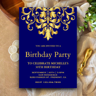 Elegant Royal Blue Gold Damask Birthday Party Invitation