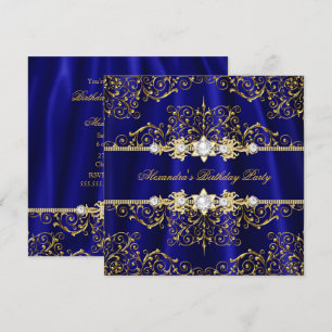 Elegant Royal Blue & Gold Damask Birthday Party Invitation