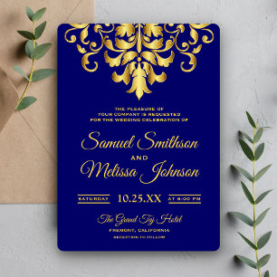 Elegant Royal Blue Gold Damask Wedding Invitation