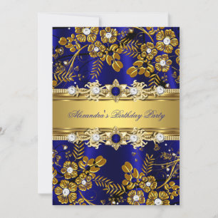 Elegant Royal Blue & Gold Floral Birthday Party Invitation