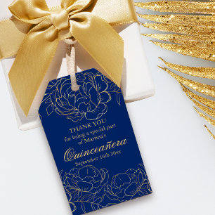 Elegant Royal Blue Gold Floral Sketch Quinceanera Gift Tags