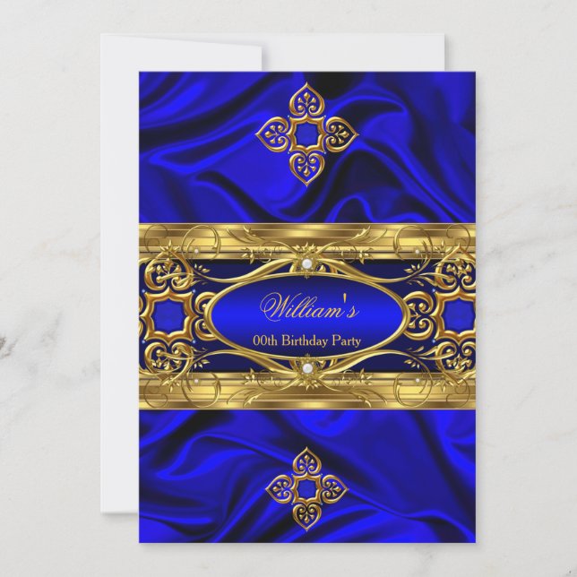 Elegant Royal Blue Gold Gems Silk Birthday Party 3 Invitation (Front)