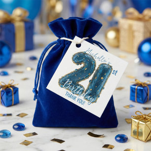 Elegant Royal Blue Gold Gemstone 21st Birthday Favour Tags