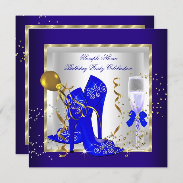 Elegant Royal Blue Gold Glitter Birthday Party Invitation (Front/Back)
