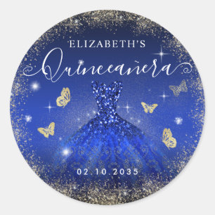 Elegant Royal Blue Gold Glitter Gown Quinceañera Classic Round Sticker
