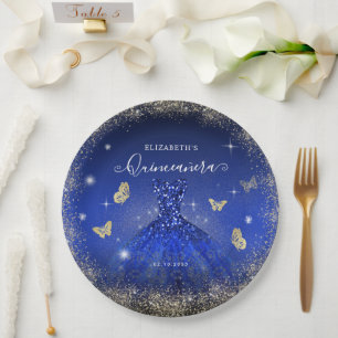 Elegant Royal Blue Gold Glitter Gown Quinceañera Paper Plate