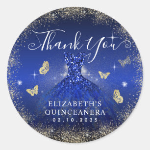 Elegant Royal Blue Gold Gown Quinceañera Thank You Classic Round Sticker