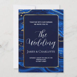 Elegant Royal Blue Gold Lace QR Code Wedding Invitation