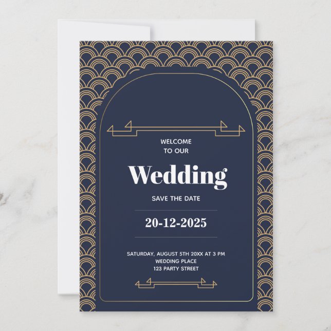 Elegant Royal Blue Gold Lace QR Code Wedding Invitation (Front)