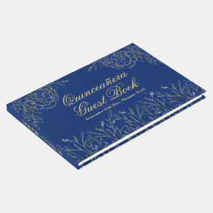 Elegant Royal Blue Gold Outline Floral Quinceanera Guest Book