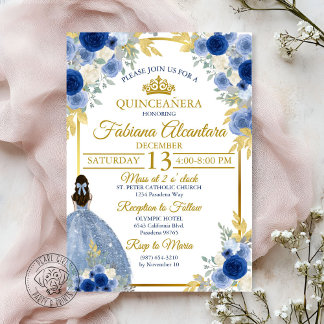 Elegant Royal Blue & Gold Rose Quinceañera  Invitation