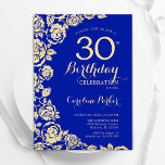 Elegant Royal Blue Gold Roses 30th Birthday Invitation<br><div class="desc">Royal Blue Gold Floral 30th Birthday Party Invitation. Elegant design featuring roses,  faux gold foil and typography script font. Trendy invite card perfect for a stylish female bday celebration. Can be customised to any age. Printed Zazzle invitations or instant download digital printable template.</div>