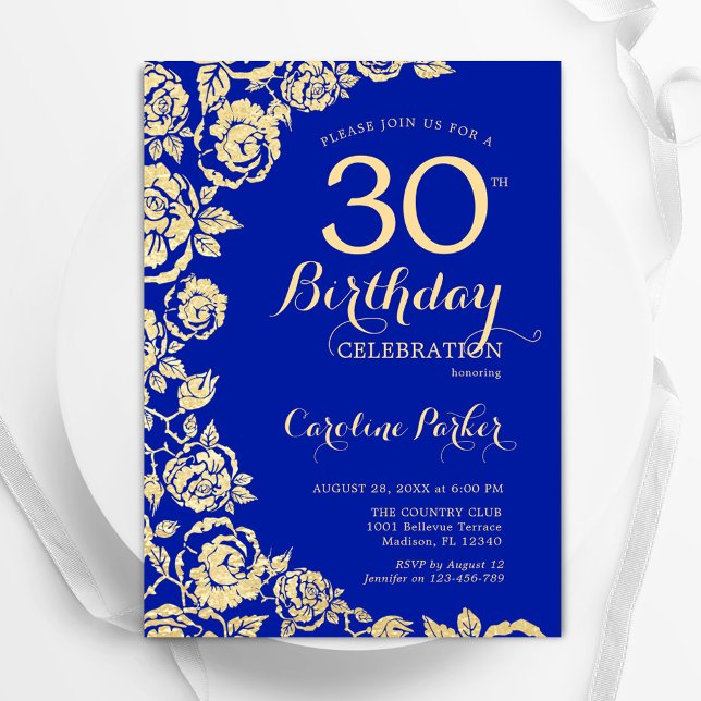Elegant Royal Blue Gold Roses 30th Birthday Invitation (Creator Uploaded)