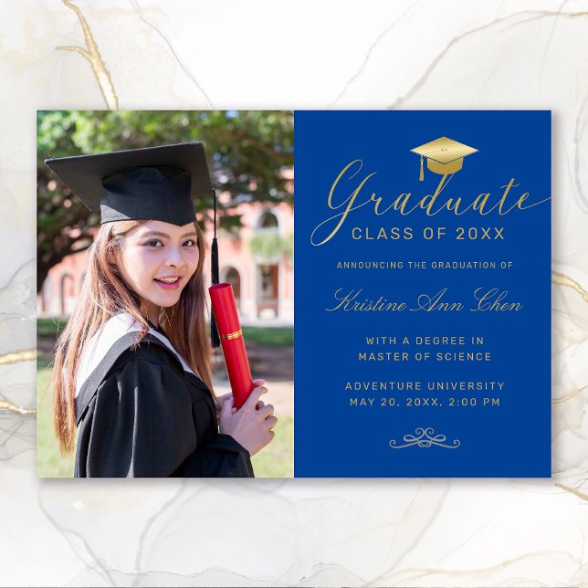 Elegant Royal Blue Gold Script Photo Graduation Announcement (Elegant Royal Blue Gold Calligraphy Photo Graduation Announcement)